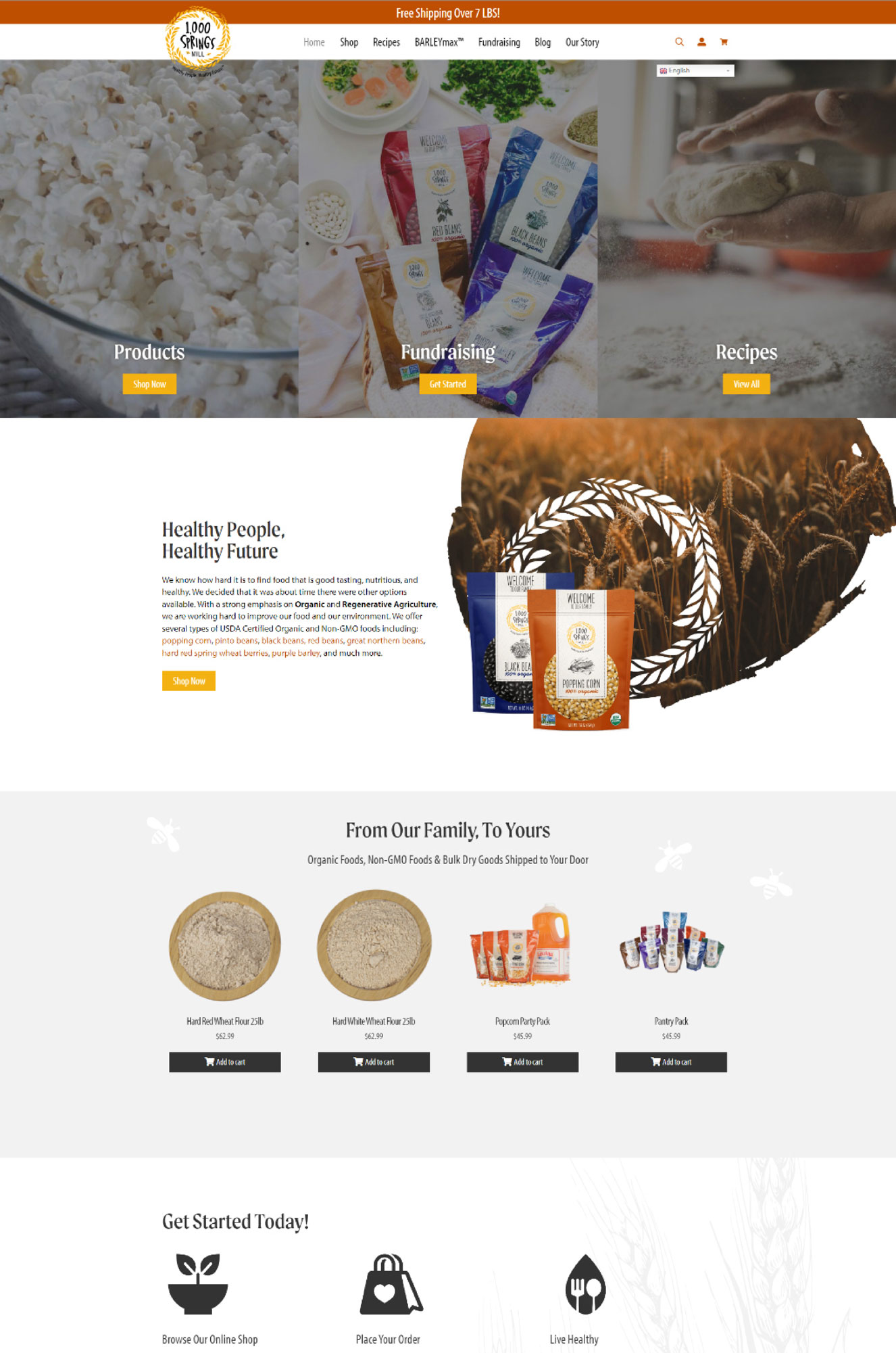 Website homepage showing food images, product packaging, awards, recipe ideas, and sections about healthy eating, company values, customer testimonials, and contact details. Navigation bar and footer are present.