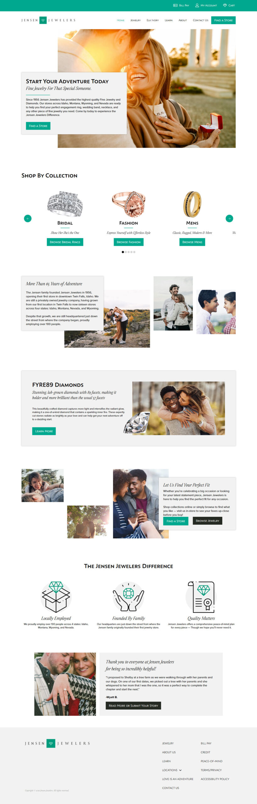 Website page for Jensen Jewelers displaying multiple sections talking about the rings and showcasing images of happy and smiling couples.