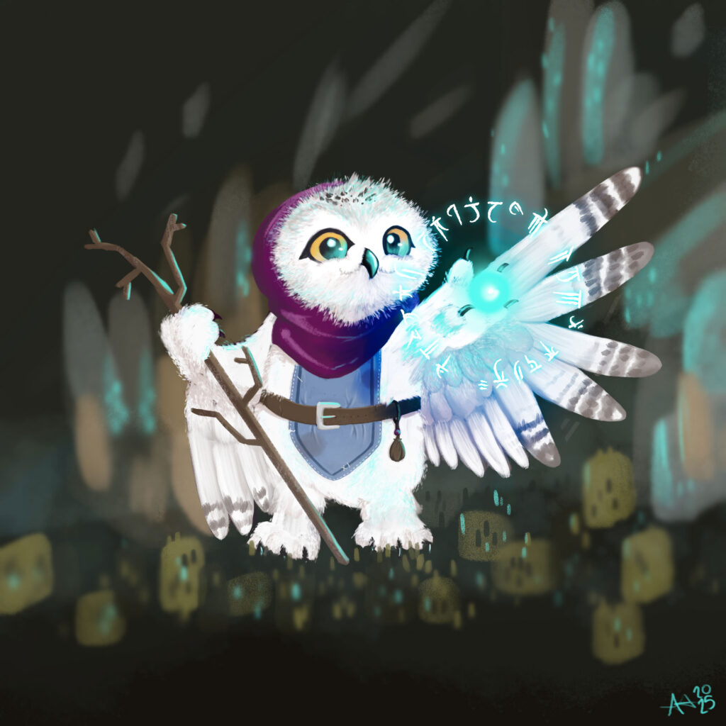 Illustration of an owl holding a staff and extending their arm outward with a ring of fantasy text and magic floating in front of his hand