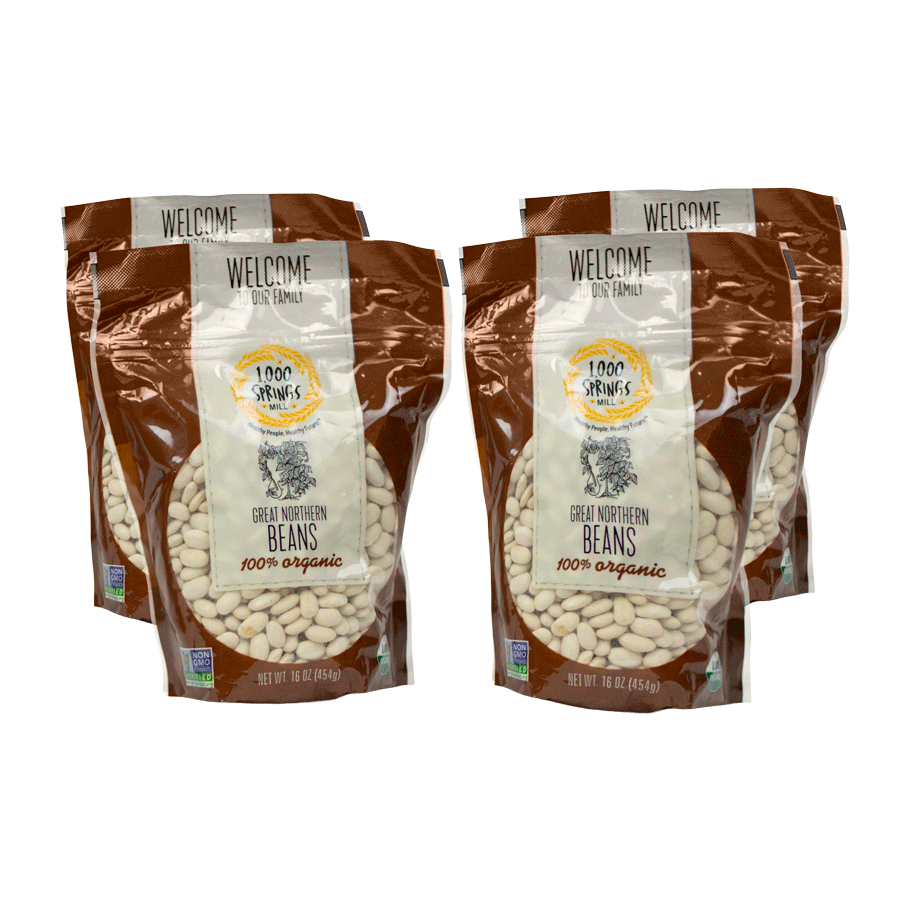 Four brown bags of great northern beans with 1000 Springs Mill logo on the front