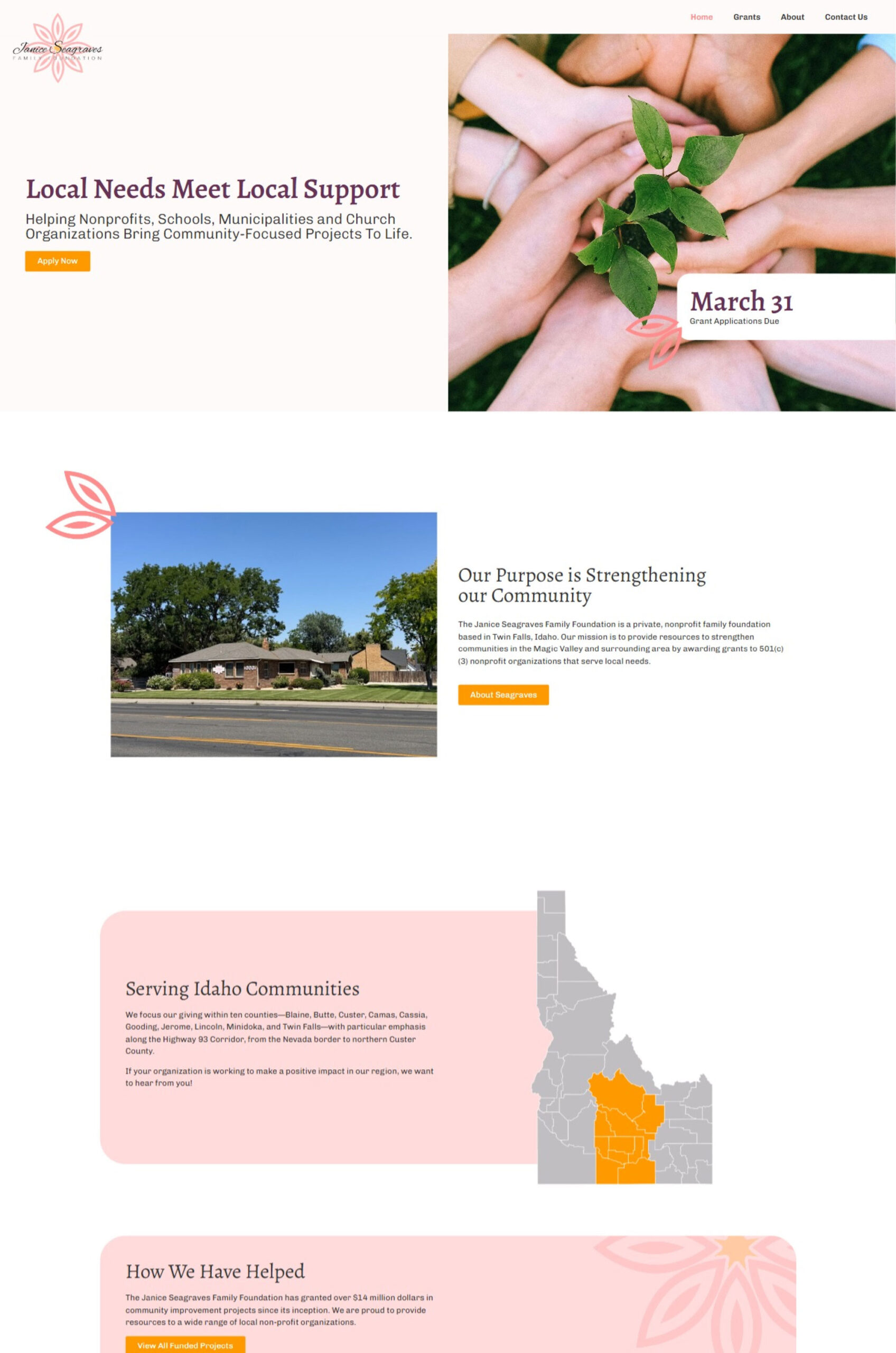 Screenshot of a website showing hands joined together, community news, a map of Idaho, statistics, a contact form, and details about supporting local needs and strengthening communities. The design uses soft colors and floral graphics.