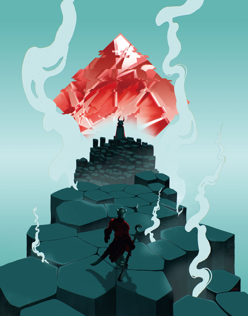 A cloaked figure stands on a rocky path, facing a large red crystal floating above a dark structure, with white smoke swirling through a blue-green sky.