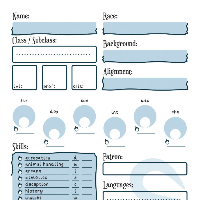 Screenshot of hand illustrated D&D Character sheet.