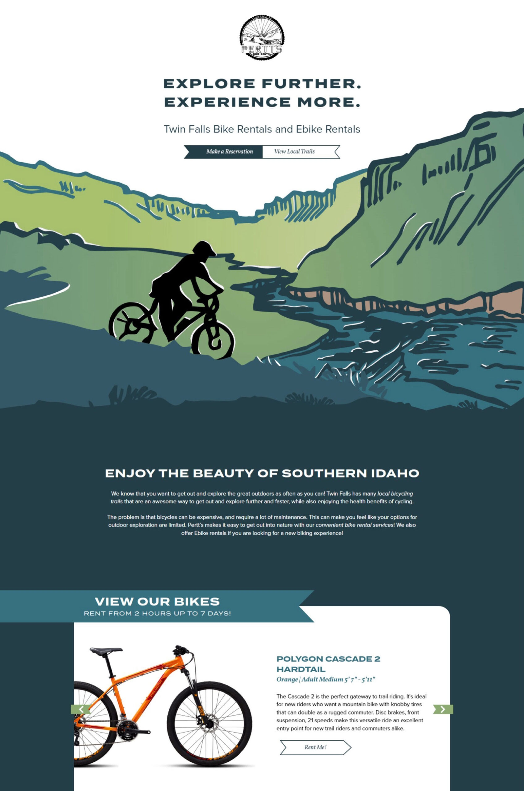 Illustrated website promoting bike rentals, featuring scenic Southern Idaho landscapes, bike options, trail recommendations, and images of cyclists on mountain and riverside paths.