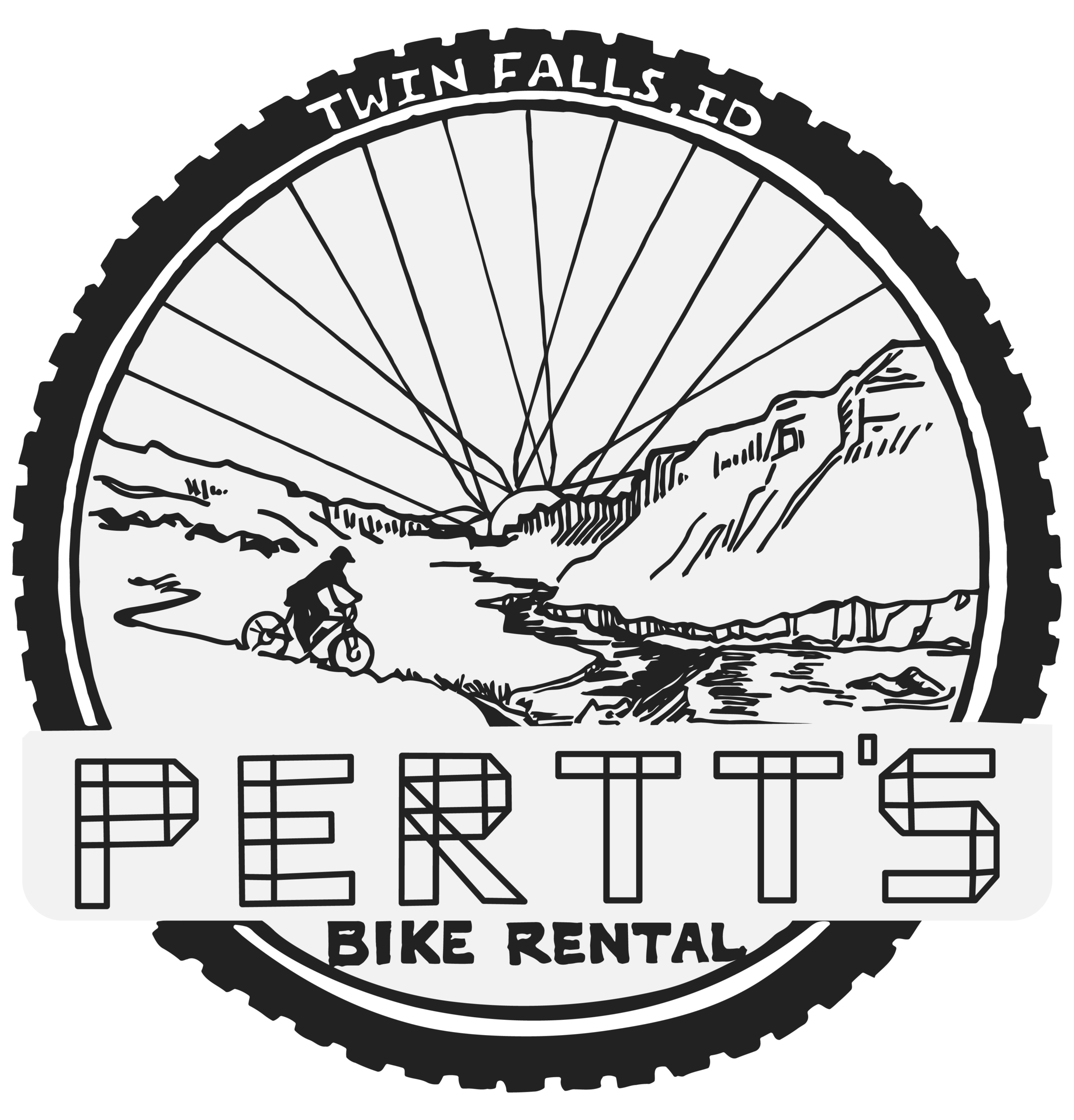 Logo for PERTTS Bike Rental in Twin Falls, ID, featuring a cyclist on a trail by a river with canyon cliffs in the background, framed by a bicycle wheel.