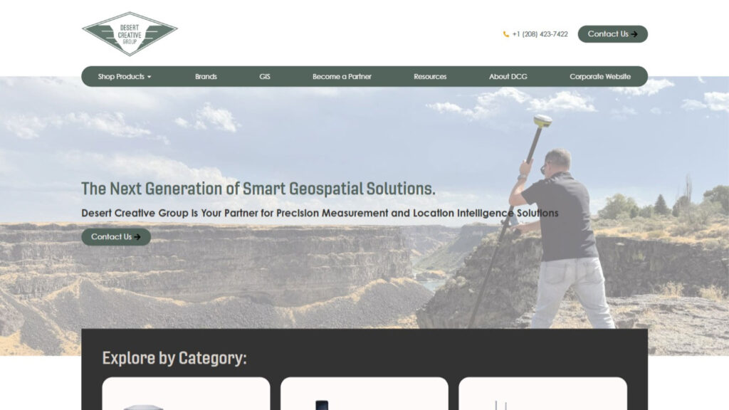 Screenshot of a website homepage for Desert Creative Group showcasing geospatial products and categories like receivers, controllers, bathymetric equipment, LiDAR, corrections, and software. A person surveys land in the banner image.