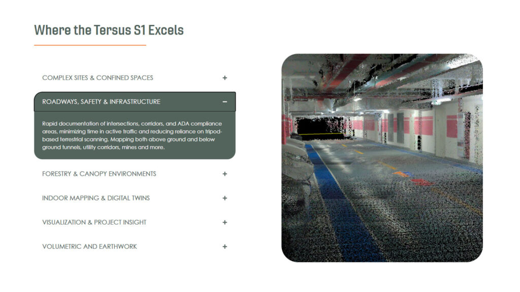 A digital rendering of an underground parking garage with scanned data points, showing infrastructure details under fluorescent lighting. Text and bullet points about the Tersus S1s capabilities are visible on the left side.