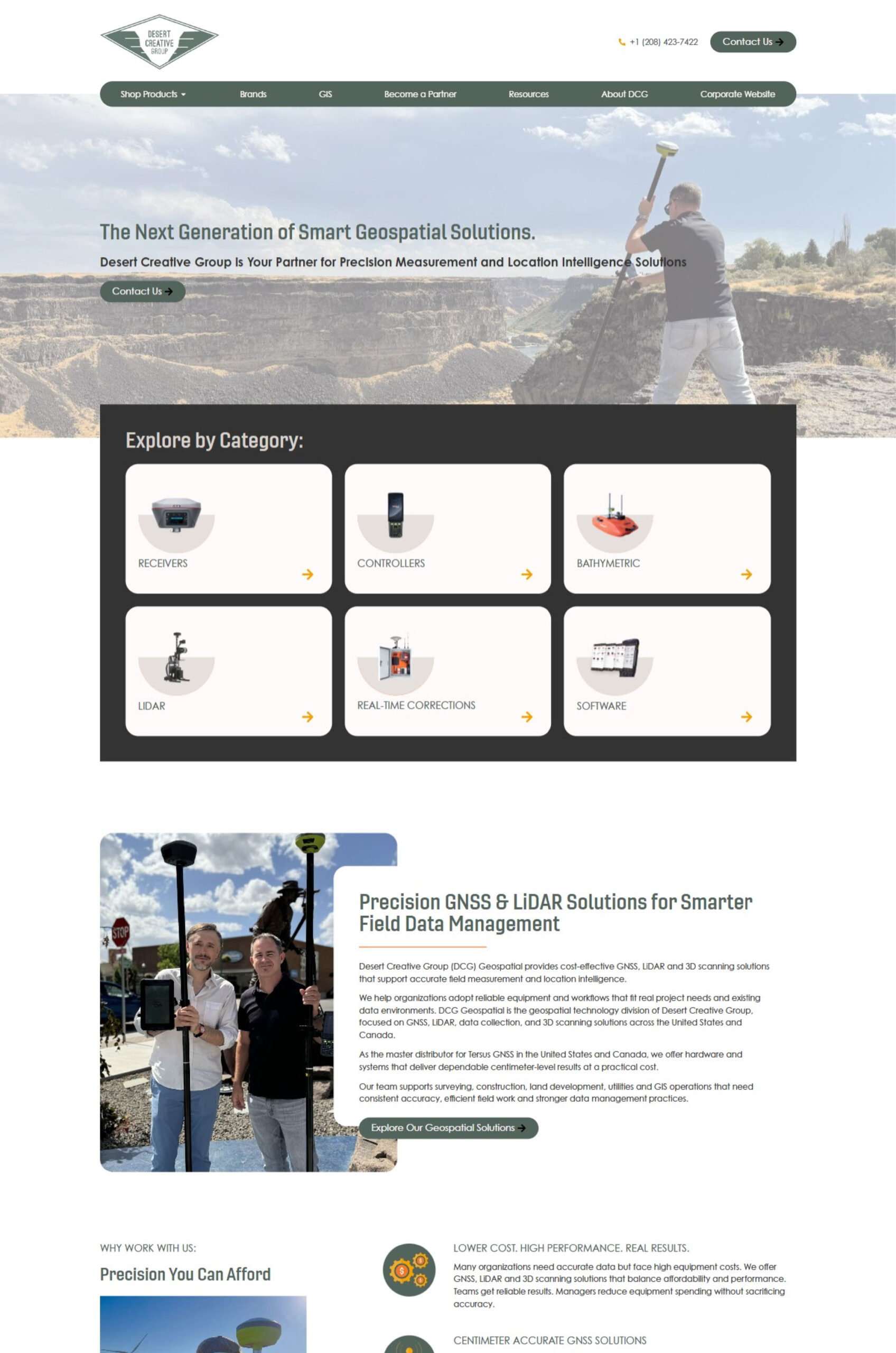 Screenshot of a website homepage for Desert Creative Group showcasing geospatial products and categories like receivers, controllers, bathymetric equipment, LiDAR, corrections, and software. A person surveys land in the banner image.