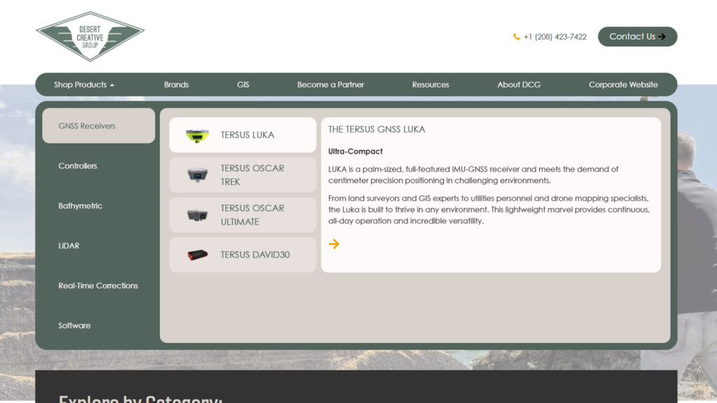 Screenshot of a website page displaying GNSS receivers, including TERSUS Oscar and LUKA models. The lower section shows icons for categories like Receivers, Controllers, and Bathymetric.