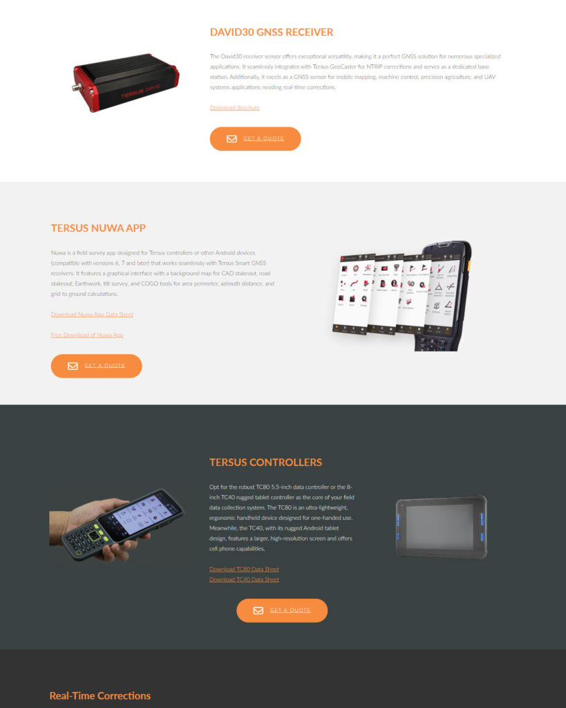 Screenshot of a web page showcasing the David30 GNSS Receiver, Tersus NUWA App on tablets, and Tersus Controllers with product images, descriptions, and orange Get a Quote buttons.