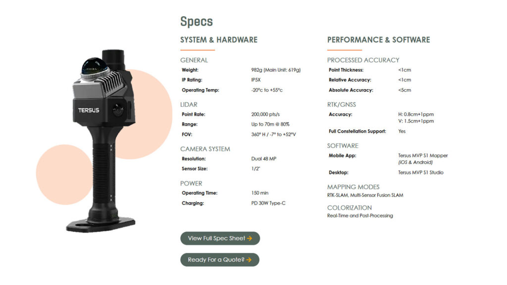 Handheld Terus lidar scanner shown with product specs: weight, range, accuracy, lidar and camera details, connectivity, mapping modes, and performance features listed in columns on a white background. Two green buttons at the bottom.