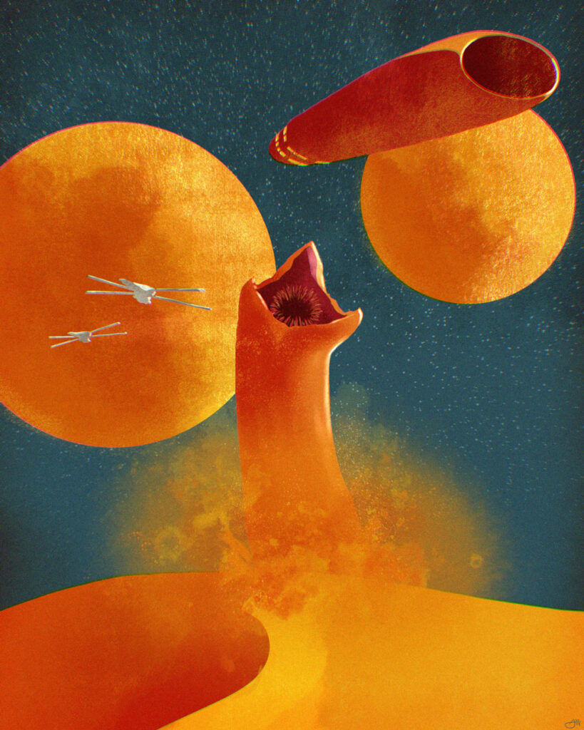A sandworm with an open mouth emerges from an orange desert under a starry sky. Two spaceships fly nearby, with two large orange planets or moons in the background.