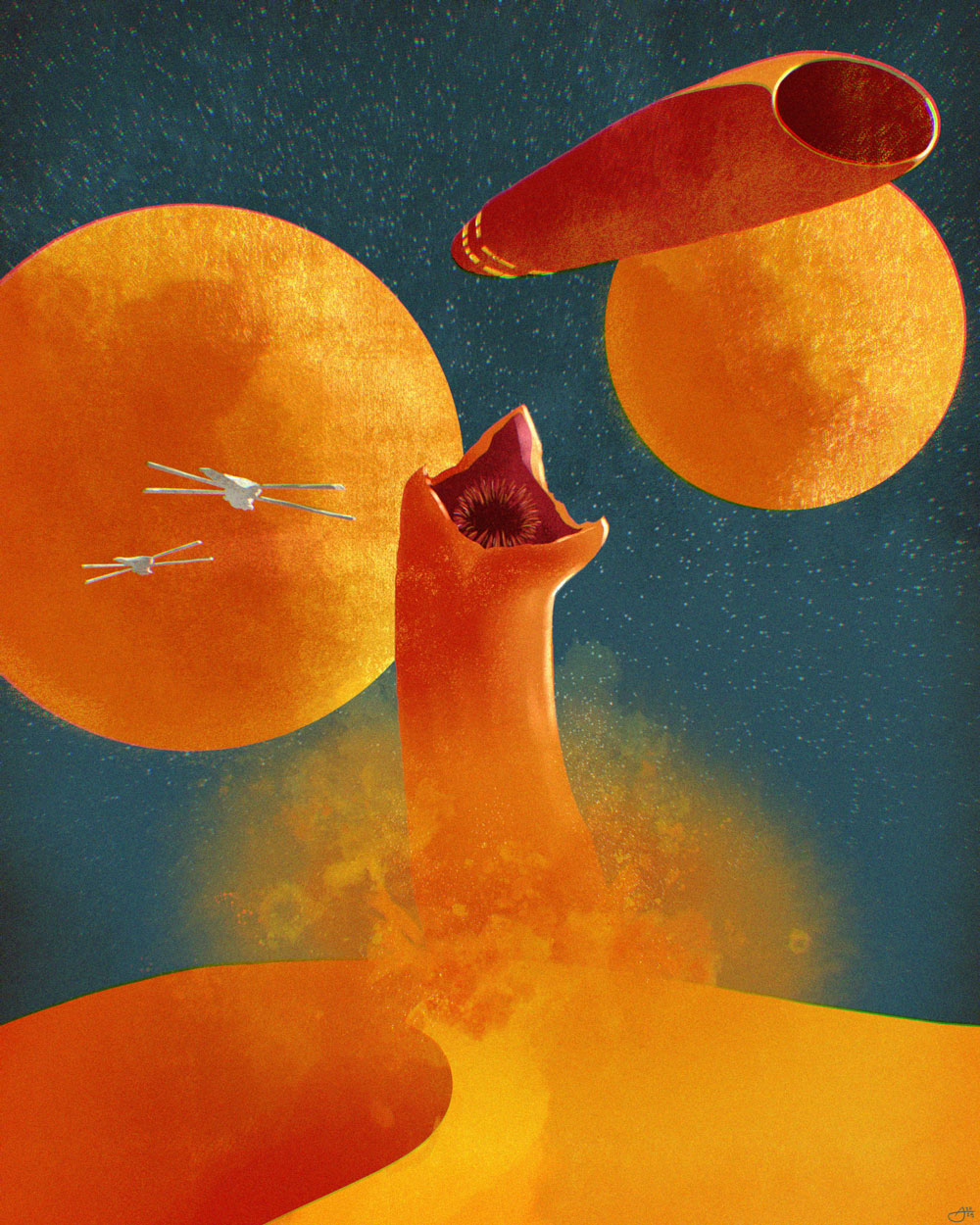 A sandworm with an open mouth emerges from an orange desert under a starry sky. Two spaceships fly nearby, with two large orange planets or moons in the background.