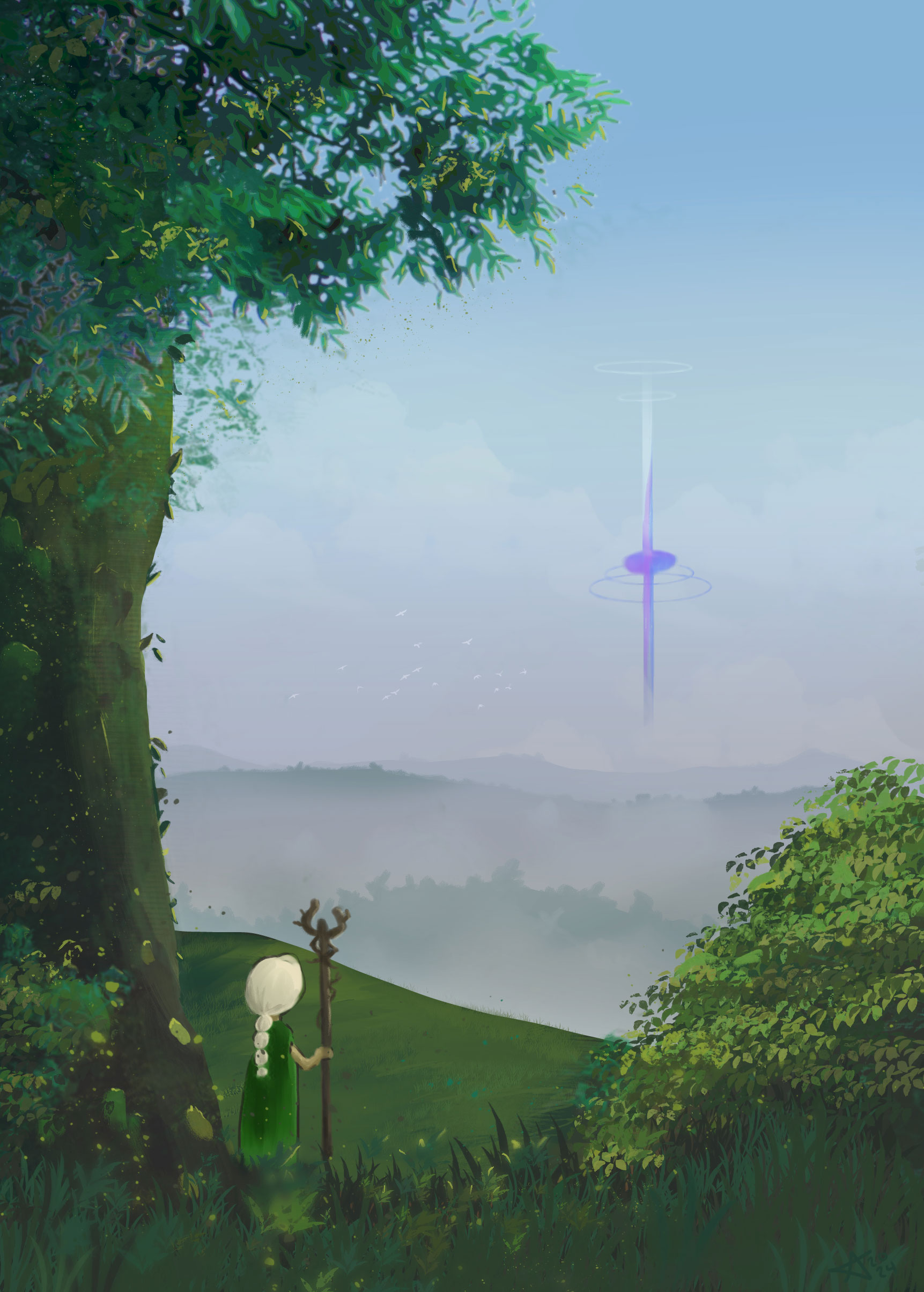 A cloaked figure with white hair and a staff stands on a grassy hill, gazing at a distant, glowing purple tower rising above misty forested hills under a blue sky.