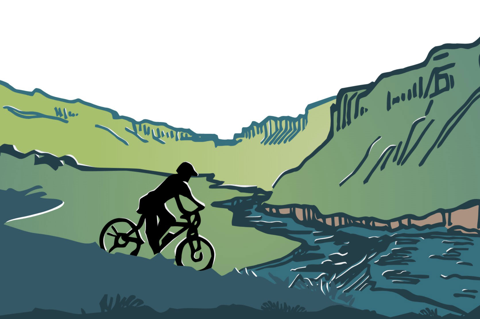 Illustration of a man riding a bicycle downhill with hand drawn cliffs and river in the background