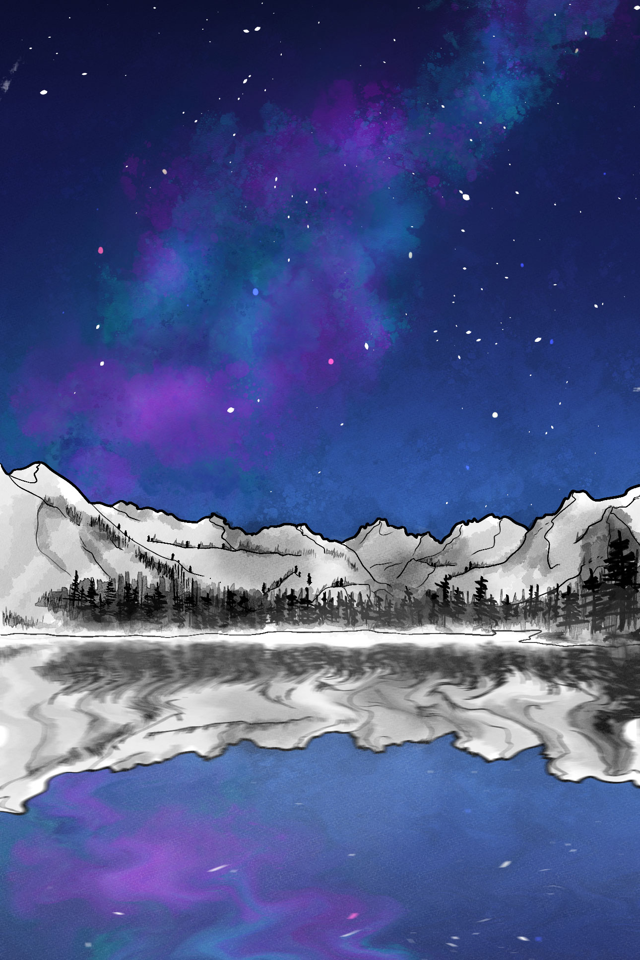 A starry night sky with a purple and blue Milky Way over snowy mountains, pine trees, and a reflective lake with similar colors in the water. The scene is illustrated with a mix of vibrant and monochrome tones.