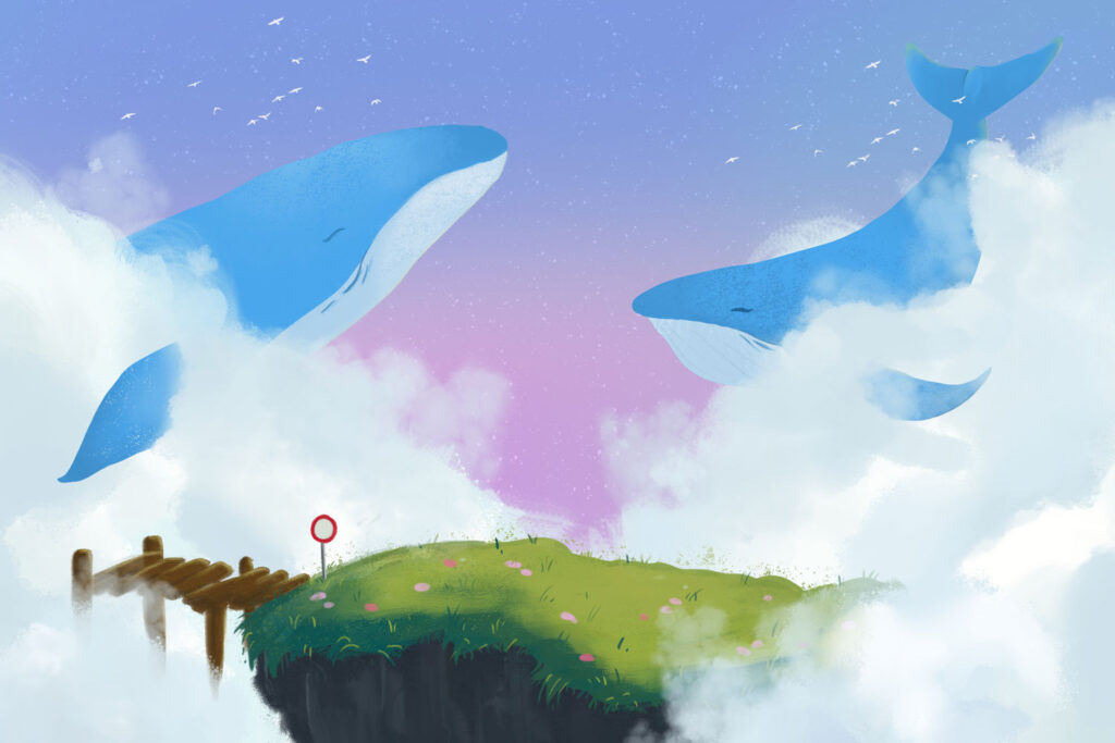 Image of two flying whales behind a floating island with a sign featured in front of a dock.