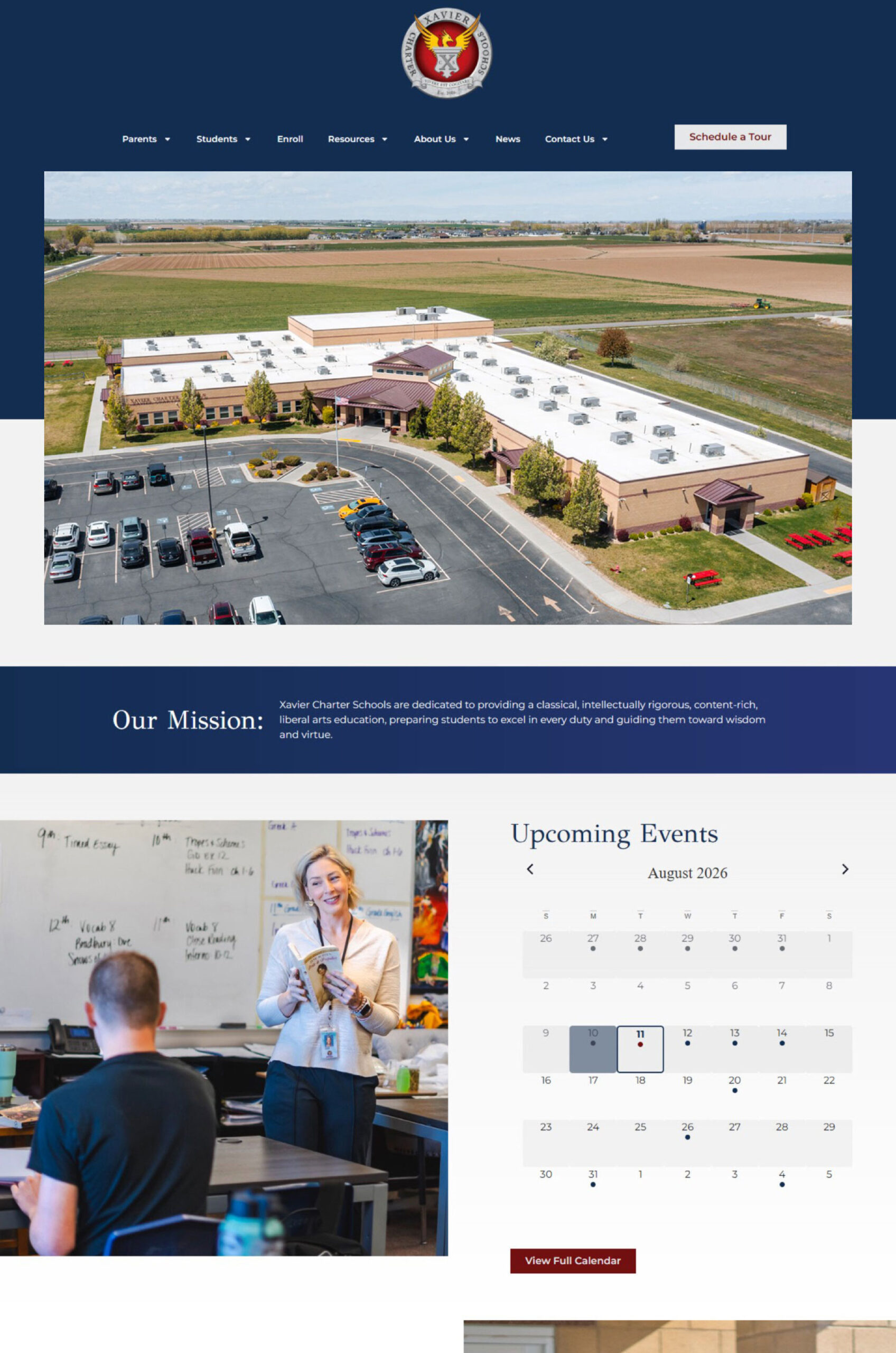 Aerial view of a school building with fields in the background, mission statement text, an events calendar, and a teacher smiling in a classroom with students, all featured on a school website.